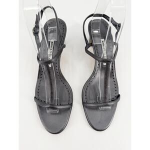 Manolo Blahnik Dark Gray Metallic Gunmetal Leather Strappy Sandals Heel 39.5